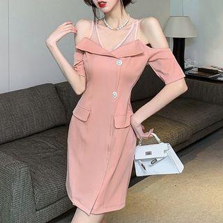 Short-sleeve Cold Shoulder Embellished Mini Sheath Dress