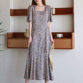 Square-neck Ruffled Maxi Floral Dress
