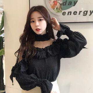 Smocked-neck Mesh-shoulder Ruffle-trim Top Black - One Size