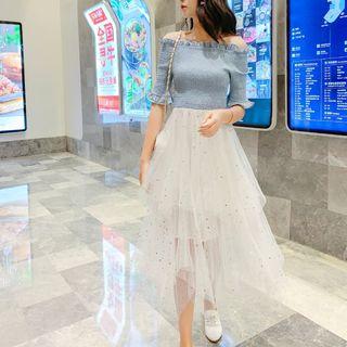 Mesh Panel Off Shoulder Elbow-sleeve Midi A-line Dress