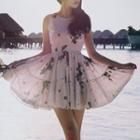 Sleeveless Floral Shirred Chiffon Dress