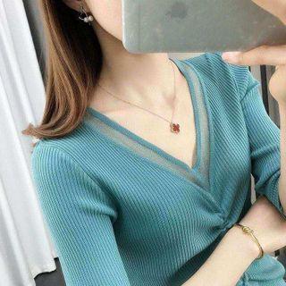 Elbow-sleeve Mesh Drawstring Knit Top