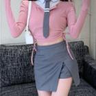 Plain Lace-up Top / Plain Cropped Tank Top / High-waist Mini Skirt