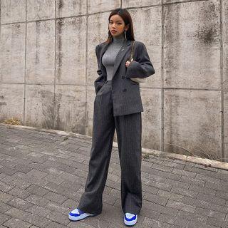 Pinstriped Wool Blend Wide-leg Dress Pants