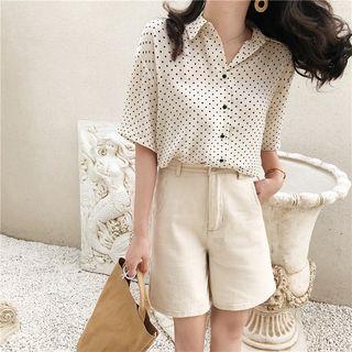 Dot Loose-fit Chiffon Blouse / Plain High-waist Shorts