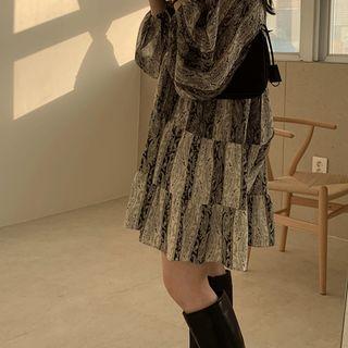 Open-placket Pattern Tiered-hem Dress Black - One Size