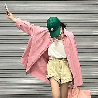 Long-sleeve Plain Button-up Oversized Shirt
