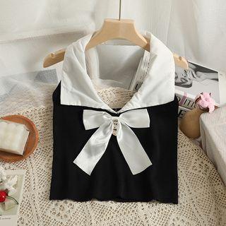 Collared Ribbon-accent Halter Top Black - One Size