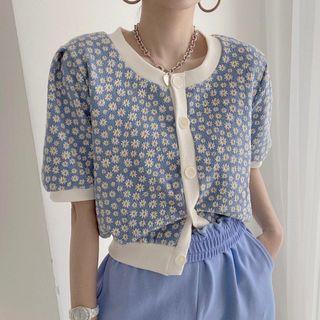 Puff-sleeve Floral Cardigan