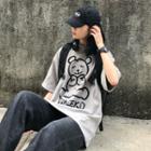 Elbow-sleeve Bear Print T-shirt Milky Gray - One Size