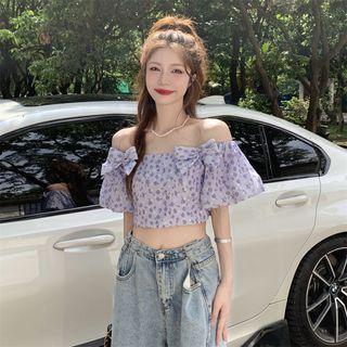 Puff-sleeve Off-shoulder Floral Crop Top Purple - One Size