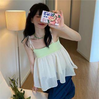 Two-tone Panel Camisole Top / Lace Trim T-shirt