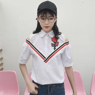 Rose Embroidered Cold Shoulder Short-sleeve Shirt