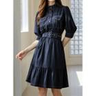 Stand-collar Stitched Dress With Belt
