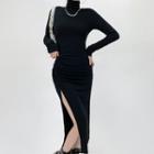 Long Sleeve High Neck Side-split Sheath Dress