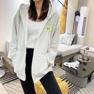 Embroidered Zip Up Hoodie Light Gray - One Size