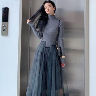 Mock Two-piece Long-sleeve Midi A-line Mesh Dress