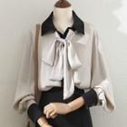 Bow-neck Two-tone Panel Blouse