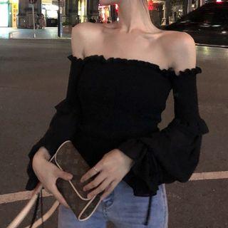 Ruffle-hem Off-shoulder Top Black - One Size