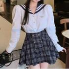 Color Block Collar Long-sleeve Shirt / Double-breasted Plaid Mini Skirt