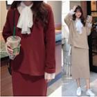 Long-sleeve Mesh Top / V-neck Pullover / Midi H-line Skirt / Set