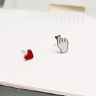 925 Sterling Silver Heart Earrings 1 Pair - Stud Earrings - Black & White - One Size