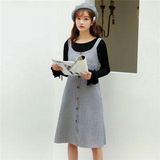 Bell-sleeve Ribbed Top / Plaid Midi Pinafore Dress / Set