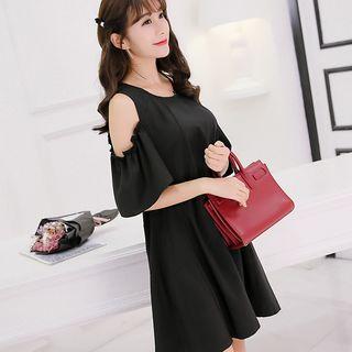 Shoulder-cutout Elbow-sleeve A-line Dress