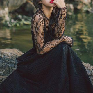 Set: Spaghetti Strap Perforated Maxi Dress + Long-sleeve Sheer Lace Top