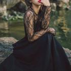 Set: Spaghetti Strap Perforated Maxi Dress + Long-sleeve Sheer Lace Top
