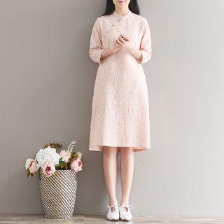 Mandarin Collar Floral 3/4-sleeve Midi A-line Dress