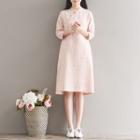 Mandarin Collar Floral 3/4-sleeve Midi A-line Dress