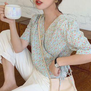 Floral Print Short-sleeve Wrap Blouse