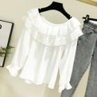 Long-sleeve Lace Trim Crinkled Blouse White - One Size