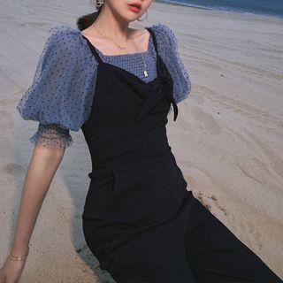 Set: Balloon-sleeve Top + Spaghetti-strap Dress