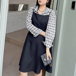 Set: Plaid Shirt Jacket + Spaghetti Strap Midi A-line Dress
