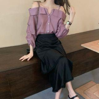 Cold-shoulder Button-up Blouse / Midi Skirt