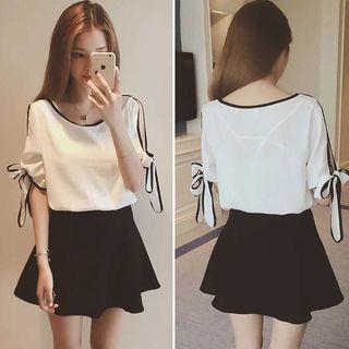 Contrast Trim Elbow Sleeve Chiffon Top