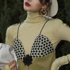 Color-block Ruffled-trim Turtle-neck Long-sleeve Top