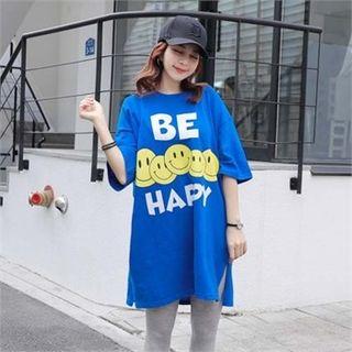 3/4-sleeve Lettering Smile Print T-shirt