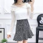 Set: Ruffle Trim Blouse + Plaid A-line Skirt