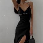 Spaghetti Strap Rhinestone Trim Slit Midi A-line Dress