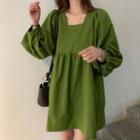 Square-neck 3/4-sleeve A-line Dress Green - One Size