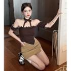 Cold-shoulder Slim-fit Halter Top / Plain Mini Skirt