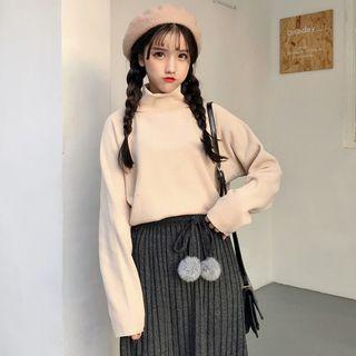 Turtleneck Pullover / Pom Pom Detail Midi Skirt