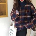 Mock Turtleneck Plaid Sweater / Midi Knit Skirt