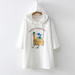 3/4-sleeve Cartoon Hoodie White - One Size