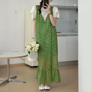 Short-sleeve Knit Top / Floral Overall Midi Dress