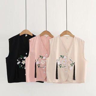 Flower Embroidered Fringed Buttoned Vest