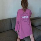 Printed Lettering Long-sleeve Oversize T-shirt Light Purple - One Size
